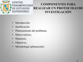 • Introducción.
• Justificación.
• Planteamiento del problema.
• Marco teórico.
• Hipótesis.
• Objetivos.
• Metodología (planeación)
3
COMPONENTES PARA
REALIZAR UN PROTOCOLO DE
INVESTIGACIÓN
 