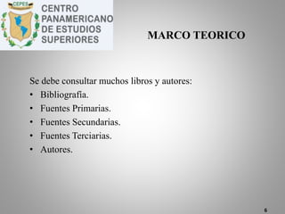 Se debe consultar muchos libros y autores:
• Bibliografía.
• Fuentes Primarias.
• Fuentes Secundarias.
• Fuentes Terciarias.
• Autores.
6
MARCO TEORICO
 
