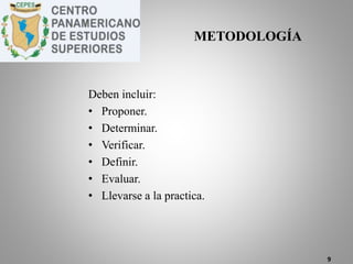 Deben incluir:
• Proponer.
• Determinar.
• Verificar.
• Definir.
• Evaluar.
• Llevarse a la practica.
9
METODOLOGÍA
 
