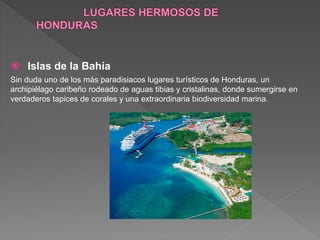  Islas de la Bahía
Sin duda uno de los más paradisiacos lugares turísticos de Honduras, un
archipiélago caribeño rodeado de aguas tibias y cristalinas, donde sumergirse en
verdaderos tapices de corales y una extraordinaria biodiversidad marina.
 