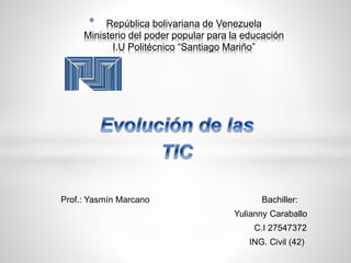 Prof.: Yasmín Marcano Bachiller:
Yulianny Caraballo
C.I 27547372
ING. Civil (42)
* República bolivariana de Venezuela
Ministerio del poder popular para la educación
I.U Politécnico “Santiago Mariño”
 