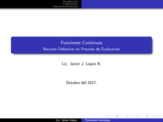 Introducción
Preliminares
Funciones Continuas
Funciones Continuas
Recurso Didáctico en Proceso de Evaluación
Lic. Jaicer J. López R.
Octubre del 2017.
Lic. Jaicer López Funciones Continuas
 