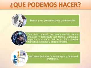 Buscar y ver presentaciones profesionales
Descubrir contenido hecho a la medida de sus
intereses y clasificado por temas: tecnología,
negocios, educación, noticias y política, diseño,
marketing, finanzas y entretenimiento.
Ver presentaciones de sus amigos y de su red
profesional.
 