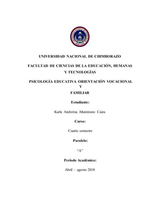 UNIVERSIDAD NACIONAL DE CHIMBORAZO
FACULTAD DE CIENCIAS DE LA EDUCACIÓN, HUMANAS
Y TECNOLOGÍAS
PSICOLOGÍA EDUCATIVA ORIENTACIÓN VOCACIONAL
Y
FAMILIAR
Estudiante:
Karla Andreína Altamirano Caiza
Curso:
Cuarto semestre
Paralelo:
“A”
Periodo Académico:
Abril – agosto 2018
 