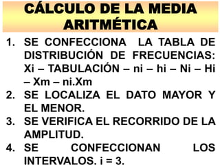 CÁLCULO DE LA MEDIA
ARITMÉTICA
1. SE CONFECCIONA LA TABLA DE
DISTRIBUCIÓN DE FRECUENCIAS:
Xi – TABULACIÓN – ni – hi – Ni – Hi
– Xm – ni.Xm
2. SE LOCALIZA EL DATO MAYOR Y
EL MENOR.
3. SE VERIFICA EL RECORRIDO DE LA
AMPLITUD.
4. SE CONFECCIONAN LOS
INTERVALOS. i = 3.
 