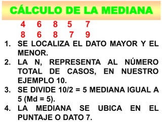 CÁLCULO DE LA MEDIANA
4 6 8 5 7
8 6 8 7 9
1. SE LOCALIZA EL DATO MAYOR Y EL
MENOR.
2. LA N, REPRESENTA AL NÚMERO
TOTAL DE CASOS, EN NUESTRO
EJEMPLO 10.
3. SE DIVIDE 10/2 = 5 MEDIANA IGUAL A
5 (Md = 5).
4. LA MEDIANA SE UBICA EN EL
PUNTAJE O DATO 7.
 