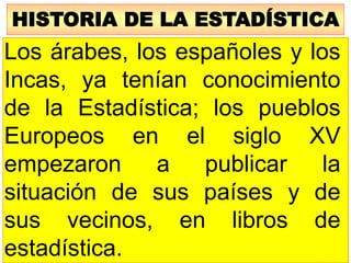 HISTORIA DE LA ESTADÍSTICA
Los árabes, los españoles y los
Incas, ya tenían conocimiento
de la Estadística; los pueblos
Europeos en el siglo XV
empezaron a publicar la
situación de sus países y de
sus vecinos, en libros de
estadística.
 