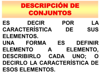 DESCRIPCIÓN DE
CONJUNTOS
ES DECIR POR LA
CARACTERÍSTICA DE SUS
ELEMENTOS.
UNA FORMA ES DEFINIR
ELEMENTO A ELEMENTO,
DESCRIBIRLO CADA UNO; O
DECIRLO LA CARACTERÍSTICA DE
ESOS ELEMENTOS.
 