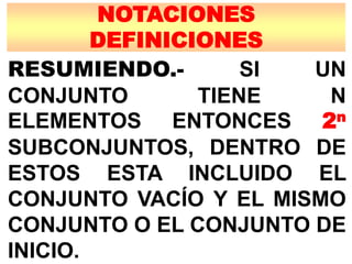 NOTACIONES
DEFINICIONES
RESUMIENDO.- SI UN
CONJUNTO TIENE N
ELEMENTOS ENTONCES 2n
SUBCONJUNTOS, DENTRO DE
ESTOS ESTA INCLUIDO EL
CONJUNTO VACÍO Y EL MISMO
CONJUNTO O EL CONJUNTO DE
INICIO.
 