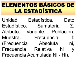 ELEMENTOS BÁSICOS DE
LA ESTADÍSTICA
Unidad Estadística. Dato
Estadístico. Sumatoria Σ.
Atributo. Variable. Población.
Muestra. Frecuencia f:
(Frecuencia Absoluta ni,
Frecuencia Relativa hi y
Frecuencia Acumulada Ni - Hi).
 