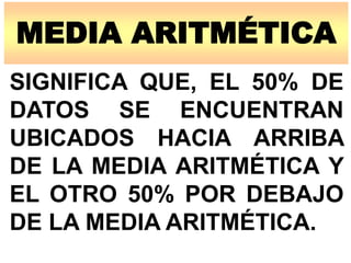 MEDIA ARITMÉTICA
SIGNIFICA QUE, EL 50% DE
DATOS SE ENCUENTRAN
UBICADOS HACIA ARRIBA
DE LA MEDIA ARITMÉTICA Y
EL OTRO 50% POR DEBAJO
DE LA MEDIA ARITMÉTICA.
 