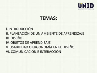 I. INTRODUCCIÓN
II. PLANEACIÓN DE UN AMBIENTE DE APRENDIZAJE
III. DISEÑO
IV. OBJETOS DE APRENDIZAJE
V. USABILIDAD O ERGONOMÍA EN EL DISEÑO
VI. COMUNICACIÓN E INTERACCIÓN
TEMAS:
 
