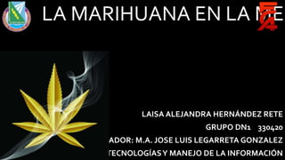 LA MARIHUANA EN LA MED
LAISA ALEJANDRA HERNÁNDEZ RETE
GRUPO DN1 330420
FACILITADOR: M.A. JOSE LUIS LEGARRETA GONZALEZ
TECNOLOGÍASY MANEJO DE LA INFORMACIÓN
 