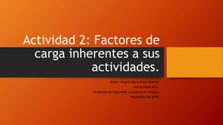 Actividad 2: Factores de
carga inherentes a sus
actividades.
Autor: Ángela María Moya Aponte.
Universidad ECCI.
Programa de Seguridad y Salud en el Trabajo.
Noviembre de 2018.
 