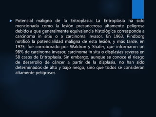  Potencial maligno de la Eritroplasia: La Eritroplasia ha sido
mencionada como la lesión precancerosa altamente peligrosa
debido a que generalmente equivalencia histológica corresponde a
carcinoma in sitiu o a carcinoma invasor. En 1963, Pindborg
notificó la potencialidad maligna de esta lesión, y más tarde, en
1975, fue corroborado por Waldron y Shafer, que informaron un
98% de carcinoma invasor, carcinoma in situ o displasias severas en
58 casos de Eritroplasia. Sin embargo, aunque se conoce el riesgo
de desarrollo de cáncer a partir de la displasia, no han sido
determinados de alto y bajo riesgo, sino que todos se consideran
altamente peligrosos
 