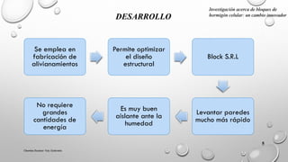 Chamba Escobar Yuly Gabriela
5
DESARROLLO
Se emplea en
fabricación de
alivianamientos
Permite optimizar
el diseño
estructural
Block S.R.L
Levantar paredes
mucho más rápido
Es muy buen
aislante ante la
humedad
No requiere
grandes
cantidades de
energía
Investigación acerca de bloques de
hormigón celular: un cambio innovador
 
