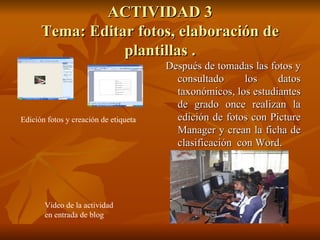 ACTIVIDAD 3 Tema: Editar fotos, elaboración de plantillas . Después de tomadas las fotos y consultado los datos taxonómicos, los estudiantes de grado once realizan la edición de fotos con  Picture Manager y crean la ficha de clasificación  con Word. Edición fotos y creación de etiqueta Video de la actividad  en entrada de blog 