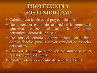 PROYECCION Y SOSTENIBILIDAD Culminar con las fases del proyecto de aula Dar a conocer el trabajo realizado a la comunidad educativa, destacando el uso de las TIC como herramienta dentro del proceso Creación del herbario y album de fotos con la ficha de clasificación para la mayor cantidad de especies del sendero Creación del trabajo como recurso didáctico en el portal Colombia Aprende Rotular cada especie dentro del sendero (fase 3) 