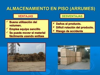 ALMACENAMIENTO EN PISO (ARRUMES)ALMACENAMIENTO EN PISO (ARRUMES)
VENTAJAS DESVENTAJAS
 Daños al producto.Daños al producto.
 Difícil rotación del producto.Difícil rotación del producto.
 Riesgo de accidenteRiesgo de accidente
 Buena utilización delBuena utilización del
volumen.volumen.
 Emplea equipo sencilloEmplea equipo sencillo
 Se puede mover el materialSe puede mover el material
fácilmente usando estibasfácilmente usando estibas
 