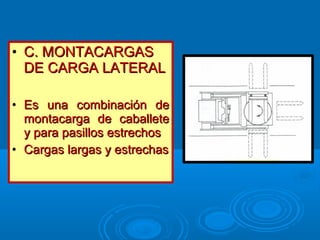 • C. MONTACARGASC. MONTACARGAS
DE CARGA LATERALDE CARGA LATERAL
• Es una combinación deEs una combinación de
montacarga de caballetemontacarga de caballete
y para pasillos estrechosy para pasillos estrechos
• Cargas largas y estrechasCargas largas y estrechas
 