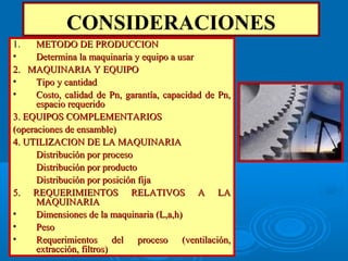 1.1. METODO DE PRODUCCIONMETODO DE PRODUCCION
• Determina la maquinaria y equipo a usarDetermina la maquinaria y equipo a usar
2. MAQUINARIA Y EQUIPO2. MAQUINARIA Y EQUIPO
• Tipo y cantidadTipo y cantidad
• Costo, calidad de Pn, garantía, capacidad de Pn,Costo, calidad de Pn, garantía, capacidad de Pn,
espacio requeridoespacio requerido
3. EQUIPOS COMPLEMENTARIOS3. EQUIPOS COMPLEMENTARIOS
(operaciones de ensamble)(operaciones de ensamble)
4. UTILIZACION DE LA MAQUINARIA4. UTILIZACION DE LA MAQUINARIA
Distribución por procesoDistribución por proceso
Distribución por productoDistribución por producto
Distribución por posición fijaDistribución por posición fija
5. REQUERIMIENTOS RELATIVOS A LA5. REQUERIMIENTOS RELATIVOS A LA
MAQUINARIAMAQUINARIA
• Dimensiones de la maquinaria (L,a,h)Dimensiones de la maquinaria (L,a,h)
• PesoPeso
• Requerimientos del proceso (ventilación,Requerimientos del proceso (ventilación,
extracción, filtros)extracción, filtros)
CONSIDERACIONES
 