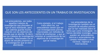 QUE SON LOS ANTECEDENTES EN UN TRABAJO DE INVESTIGACION
Los antecedentes, son todos
aquellos trabajos de
investigación que preceden al
que se está realizando, pero
que además guarda mucha
relación con los objetivos del
estudio que se aborda. Es decir,
son los trabajos de investigación
realizados, relacionados con el
objeto de estudio presente en
la investigación que se está
abordando.
Como ejemplo, si el trabajo
trata sobre los, sus
antecedentes tienen que ver
con investigaciones previas
relacionadas con métodos de
estilos de enseñanzas y que se
orienten al cumplimiento de los
objetivos de la investigación
que se realiza.
Los antecedentes de la
investigación también son el
conjunto de estudios previos
que se han realizado sobre el
tema que como investigado- res
hemos decidido investigar, estos
pueden ser antecedentes
teóricos o antecedentes de
campos realizados a nivel
nacional, regional o
internacional.
 