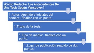 ¿Cómo Redactar Los Antecedentes De
Una Tesis Según Vancouver?
1.Autor: Apellido e iniciales del
nombre, finalice con un punto.
1.Título de la tesis.
1.Tipo de medio: finalice con un
punto.
1.Lugar de publicación seguido de dos
puntos.
 