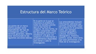 Estructura del Marco Teórico
Las partes de un marco
teórico pueden variar
dependiendo del tipo de
investigación, pero, en
términos generales, debería
estar estructurada en las
siguientes secciones básicas.
Es la parte en la que se
menciona el problema y
todos los estudios previos
que se han hecho al
respecto. De esta forma, se
pueden comprender mejor
los abordajes anteriores y
establecer una guía con
respecto a la información y
procedimientos disponibles
para llevar a cabo la
investigación.
Los antecedentes incluyen
información adicional que
permita comprender mejor
el problema en el presente,
como, por ejemplo:
contexto geográfico,
cultural, económico,
demográfico, histórico,
político, social, entre otros,
que sean pertinentes a los
fines de la investigación.
 