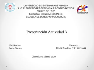 Facilitador: Alumno:
Irvin Torres. Khalil Medina C.I 15.821.644
Charallave Marzo 2020
Presentación Actividad 3
 