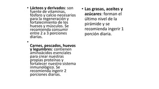 • Lácteos y derivados: son
fuente de vitaminas,
fósforo y calcio necesarios
para la regeneración y
fortalecimiento de los
huesos y músculos. Se
recomienda consumir
entre 2 a 3 porciones
diarias.
•
Carnes, pescados, huevos
y legumbres: contienen
aminoácidos esenciales
para crear nuestras
propias proteínas y
fortalecer nuestro sistema
inmunológico. Se
recomienda ingerir 2
porciones diarias.
• Las grasas, aceites y
azúcares: forman el
último nivel de la
pirámide y se
recomienda ingerir 1
porción diaria.
 