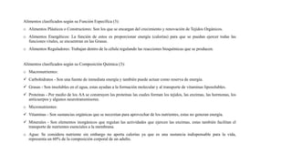 Alimentos clasificados según su Función Específica (3):
o Alimentos Plásticos o Constructores: Son los que se encargan del crecimiento y renovación de Tejidos Orgánicos.
o Alimentos Energéticos: La función de estos es proporcionar energía (calorías) para que se puedan ejercer todas las
funciones vitales, se encuentran en las Grasas.
o Alimentos Reguladores: Trabajan dentro de la célula regulando las reacciones bioquímicas que se producen.
Alimentos clasificados según su Composición Química (3):
o Macronutrientes:
 Carbohidratos - Son una fuente de inmediata energía y también puede actuar como reserva de energía.
 Grasas - Son insolubles en el agua, estas ayudan a la formación molecular y al transporte de vitaminas liposolubles.
 Proteínas - Por medio de los AA se construyen las proteínas las cuales forman los tejidos, las enzimas, las hormonas, los
anticuerpos y algunos neurotransmisores.
o Micronutrientes:
 Vitaminas - Son sustancias orgánicas que se necesitan para aprovechar de los nutrientes, estas no generan energía.
 Minerales - Son elementos inorgánicos que regulan las actividades que ejercen las enzimas, estas también facilitan el
transporte de nutrientes esenciales a la membrana.
o Agua: Se considera nutriente sin embargo no aporta calorías ya que es una sustancia indispensable para la vida,
representa un 60% de la composición corporal de un adulto.
 