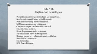 -Paciente consciente y orientada en las tres esferas.
-No alteraciones del habla ni del lenguaje.
-Pupilas isocóricas y normorreactivas.
-MOEs conservados, no nistagmus.
-Campimetría por confrontación normal.
-No asimetrías faciales.
-Resto de pares craneales normales.
-No claudica en Barré ni Mingazzini.
-Balance motor 5/5 en las cuatro extremidades.
-Sensibilidad conservada.
-No dismetrías.
-RCP flexor bilateral.
ING NRL
Exploración neurológica
 