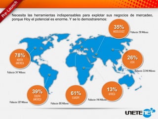 Necesita las herramientas indispensables para explotar sus negocios de mercadeo,
     porque Hoy el potencial es enorme. Y se lo demostraremos:

                                                                                                       35%
                                                                                                       MIDDLEEAST   Población 216 Millones




         78%                                                                                                        26%
           NORTH
          AMERICA                                                                                                   ASIA

                                                                                                                           Población 3,8 Mil Millones
Población 347 Millones




                            39%                                                                    13%
                             SOUTH
                                                               61%                                 AFRICA
                                                               EUROPE
                            AMERICA                                     Población 1 Mil Millones
   Población 597 Millones             Población 816 Millones
 
