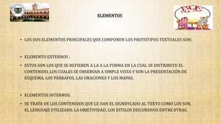 ELEMENTOS
• LOS DOS ELEMENTOS PRINCIPALES QUE COMPONEN LOS PROTOTIPOS TEXTUALES SON:
• ELEMENTO EXTERNOS :
• ESTOS SON LOS QUE SE REFIEREN A LA A LA FORMA EN LA CUAL SE DISTRIBUYE EL
CONTENIDO, LOS CUALES SE OBSERVAN A SIMPLE VISTA Y SON LA PRESENTACIÓN DE
ESQUEMA, LOS PÁRRAFOS, LAS ORACIONES Y LOS MAPAS.
• ELEMENTOS INTERNOS:
• SE TRATA DE LOS CONTENIDOS QUE LE DAN EL SIGNIFICADO AL TEXTO COMO LOS SON,
EL LENGUAJE UTILIZADO, LA OBJETIVIDAD, LOS ESTILOS DISCURSIVOS ENTRE OTRAS.
 