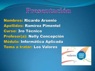 Nombres: Ricardo Arsenio
Apellidos: Ramírez Pimentel
Curso: 3ro Técnico
Profesor(a): Nelly Concepción
Módulo: Informática Aplicada
Tema a tratar: Los Valores

 