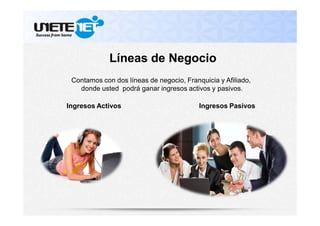 Líneas de Negocio
Contamos con dos líneas de negocio, Franquicia y Afiliado,
donde usted podrá ganar ingresos activos y pasivos.
Ingresos Activos Ingresos Pasivos
 