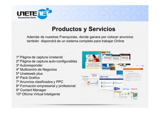 Productos y Servicios
Además de nuestras Franquicias, donde ganara por colocar anuncios
también dispondrá de un sistema completo para trabajar Online
1º Página de captura Unetenet
2º Página de captura auto-configurables
3º Autoresponder
4º Multicentro de Negocios
5º Uneteweb plus
6º Pack Grafico
7º Anuncios clasificados y PPC
8º Formación empresarial y profesional
9º Contact Manager
10º Oficina Virtual Inteligente
 