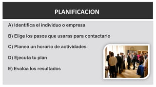 A) Identifica el individuo o empresa
B) Elige los pasos que usaras para contactarlo
C) Planea un horario de actividades
D) Ejecuta tu plan
E) Evalúa los resultados
PLANIFICACION:
 