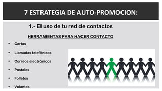 7 ESTRATEGIA DE AUTO-PROMOCION:
1.- El uso de tu red de contactos
HERRAMIENTAS PARA HACER CONTACTO
• Cartas
• Llamadas telefónicas
• Correos electrónicos
• Postales
• Folletos
• Volantes
 