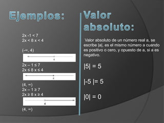 2x -1 < 7
2x < 8 x < 4
(-∞, 4)
2x – 1 ≤ 7
2x ≤ 8 x ≤ 4
(4, ∞)
2x – 1 ≥ 7
2x ≥ 8 x ≥ 4
(4, ∞)
Valor absoluto de un número real a, se
escribe |a|, es el mismo número a cuando
es positivo o cero, y opuesto de a, si a es
negativo.
|5| = 5
|-5 |= 5
|0| = 0
 
