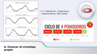 6. Conocer el cronotipo
propio
>>> Matutinos, vespertinos,
crepusculares, tipo siesta.
 