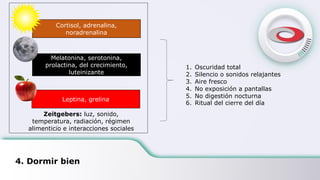 4. Dormir bien
Cortisol, adrenalina,
noradrenalina
Melatonina, serotonina,
prolactina, del crecimiento,
luteinizante
Leptina, grelina
Zeitgebers: luz, sonido,
temperatura, radiación, régimen
alimenticio e interacciones sociales
1. Oscuridad total
2. Silencio o sonidos relajantes
3. Aire fresco
4. No exposición a pantallas
5. No digestión nocturna
6. Ritual del cierre del día
 