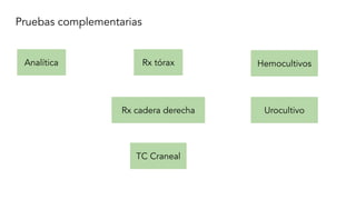 Pruebas complementarias
Analítica Rx tórax
Rx cadera derecha
TC Craneal
Hemocultivos
Urocultivo
 
