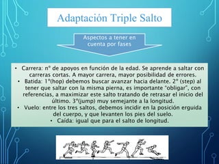 Adaptación Triple Salto
Aspectos a tener en
cuenta por fases
• Carrera: nº de apoyos en función de la edad. Se aprende a saltar con
carreras cortas. A mayor carrera, mayor posibilidad de errores.
• Batida: 1º(hop) debemos buscar avanzar hacia delante. 2º (step) al
tener que saltar con la misma pierna, es importante “obligar”, con
referencias, a maximizar este salto tratando de retrasar el inicio del
último. 3º(jump) muy semejante a la longitud.
• Vuelo: entre los tres saltos, debemos incidir en la posición erguida
del cuerpo, y que levanten los pies del suelo.
• Caída: igual que para el salto de longitud.
 