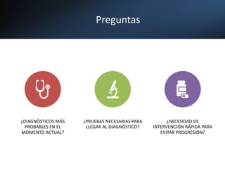 Preguntas
¿DIAGNÓSTICOS MÁS
PROBABLES EN EL
MOMENTO ACTUAL?
¿PRUEBAS NECESARIAS PARA
LLEGAR AL DIAGNÓSTICO?
¿NECESIDAD DE
INTERVENCIÓN RÁPIDA PARA
EVITAR PROGRESIÓN?
 