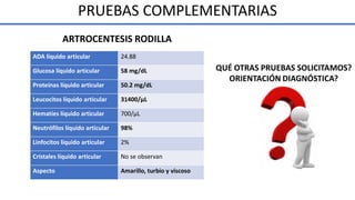 PRUEBAS COMPLEMENTARIAS
ADA líquido articular 24.88
Glucosa líquido articular 58 mg/dL
Proteínas líquido articular 50.2 mg/dL
Leucocitos líquido articular 31400/µL
Hematíes líquido articular 700/µL
Neutrófilos líquido articular 98%
Linfocitos líquido articular 2%
Cristales líquido articular No se observan
Aspecto Amarillo, turbio y viscoso
ARTROCENTESIS RODILLA
QUÉ OTRAS PRUEBAS SOLICITAMOS?
ORIENTACIÓN DIAGNÓSTICA?
 