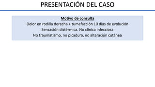 PRESENTACIÓN DEL CASO
Motivo de consulta
Dolor en rodilla derecha + tumefacción 10 días de evolución
Sensación distérmica. No clínica infecciosa
No traumatismo, no picadura, no alteración cutánea
 
