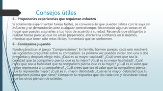 Consejos útiles
5.- Proponerles experiencias que requieran esfuerzo
Si solamente experimentan tareas fáciles, se convencerán que pueden salirse con la suya sin
esfuerzo y se derrumbarán ante cualquier contratiempo. Encontrarás algunas tareas en el
hogar que puedes asignarles a tus hijos de acuerdo a su edad. Recuerda que obligarlos a
realizar tareas para las que no están preparados, afectará la confianza en sí mismos,
mientras que tener sólo retos fáciles, fomentará que se conformen.
6.- Conózcanse jugando
Pueden practicar el juego “Comparaciones”. En familia, formen parejas, cada uno resolverá
las siguientes preguntas sobre su compañero. La primera vez pueden iniciar con una o dos
preguntas y después elegir más. ¿Cuál es su mayor cualidad? ¿Cuál crees que sea la
cualidad que tu compañero piensa que es la mejor? ¿Cuál es su mejor habilidad? ¿Cuál
crees que sea la habilidad que tu compañero piensa que es la mejor? ¿Cuál es el valor que
mejor representa a tu compañero? ¿Cuál crees que sea el valor que tu compañero piensa
que lo representa mejor? ¿Cuál es su mayor debilidad? ¿Cuál es la mayor debilidad que tu
compañero piensa que tiene? Comparen la respuesta que dio cada uno y descubran cosas
que los otros piensan de ustedes.
 