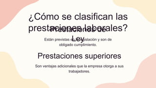 ¿Cómo se clasifican las
prestaciones laborales?
Prestaciones superiores
Son ventajas adicionales que la empresa otorga a sus
trabajadores.
Prestaciones de
Ley
Están previstas en la legislación y son de
obligado cumplimiento.
 