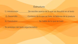 Estructura
1) introducción
2) Desarrollo
3) Conclusion
Se escribe acerca de lo que se discutirá en el texto
Contiene de lo que se trata, la defensa de la postura
Se habla de lo que se trató
• Es prototipo del texto argumentativo
 